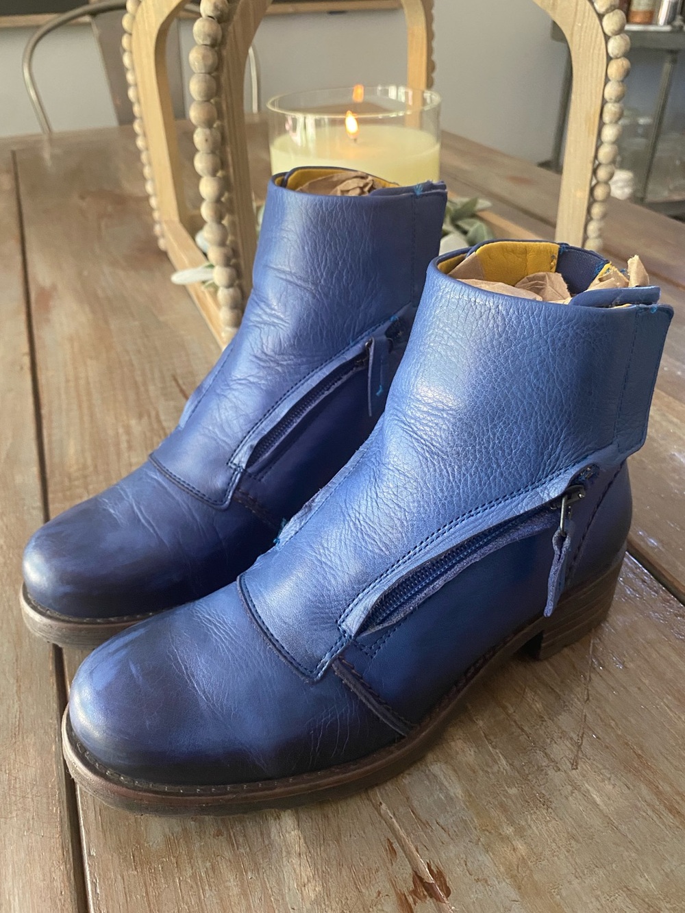 Jafa Leather Handmade Zip-Front Moto Combat Ankle Boots Womens 38 US 7-7.5 Blue